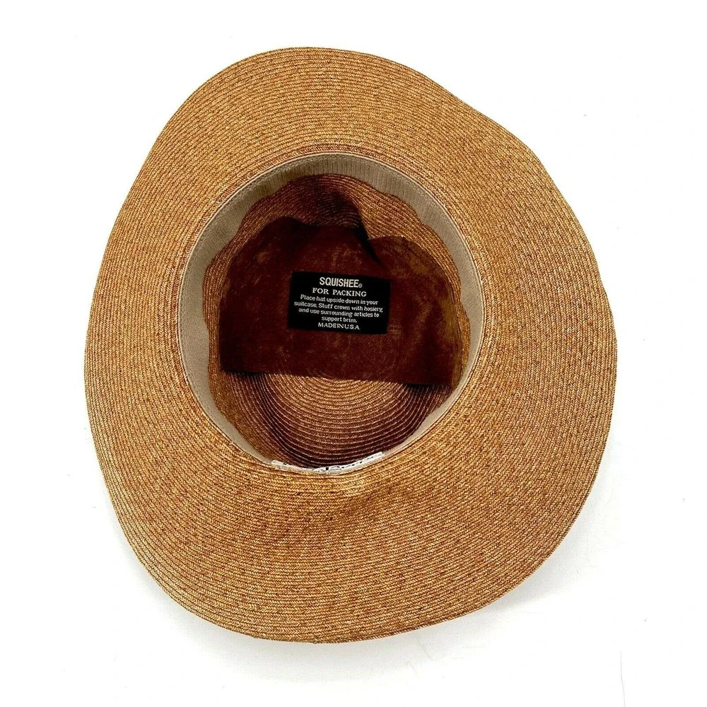 Eric Javits Tan Straw Wide-Brim Hat with Textured Brown Belt